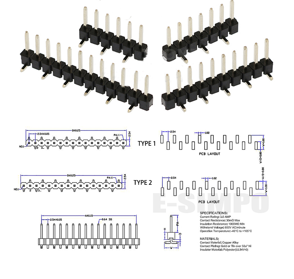単一のローブレーカR1x40p,100個,2.54mm,右ア - Male Female Header Pin のレビューと価格